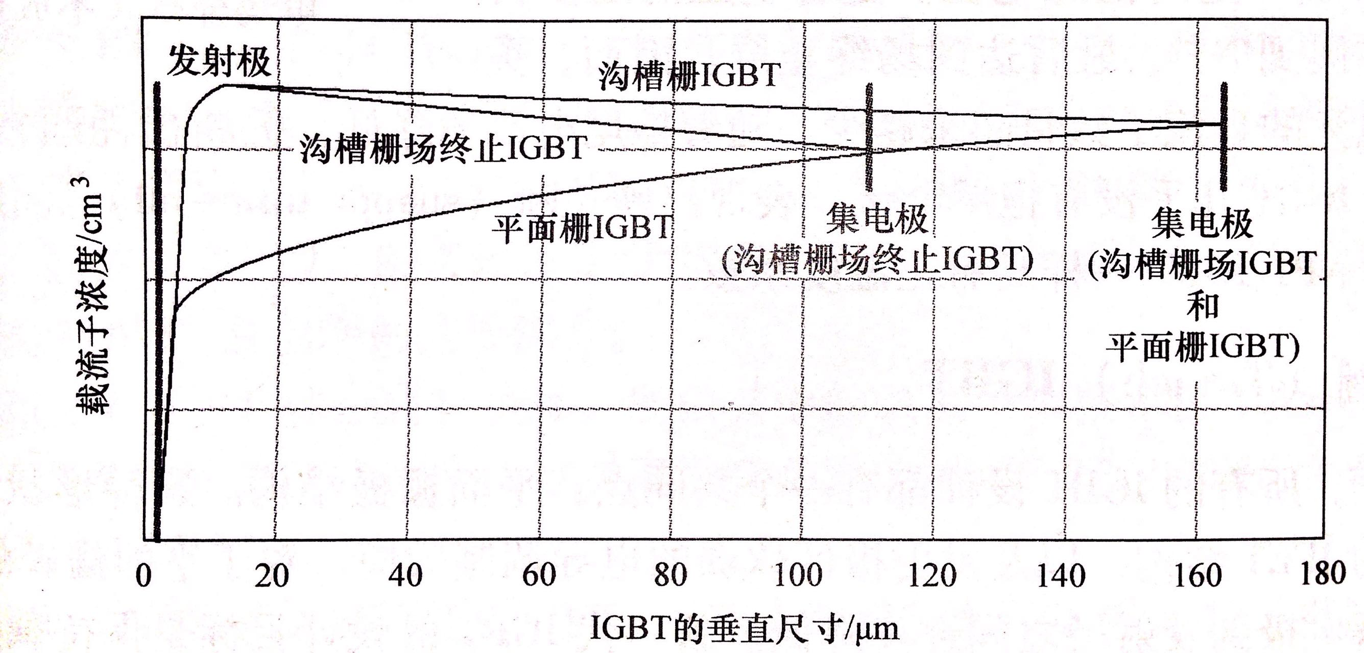 图2 沟槽栅和平面栅结构IGBT内部载流子浓度比较